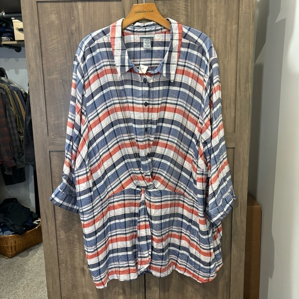 NWT Catherines 4X Blouse Top Plaid Knot Front Tunic